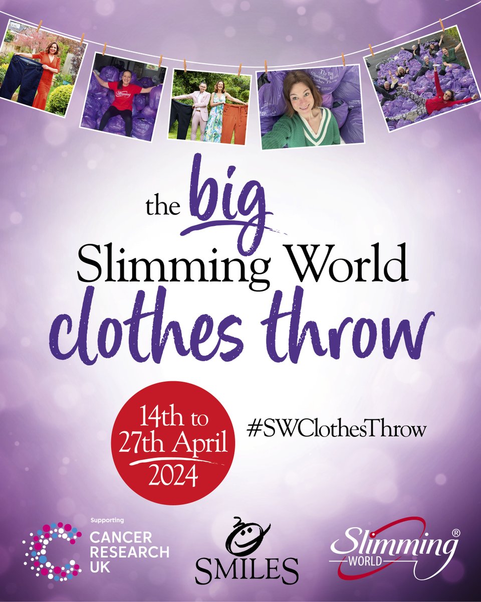 The Big Slimming World Clothes Throw is here 💜! 

Join Slimming World members across the country and donate the clothes, shoes, and accessories you’ve slimmed out of to support @CR_UK and the @IrishCancerSoc ✨.