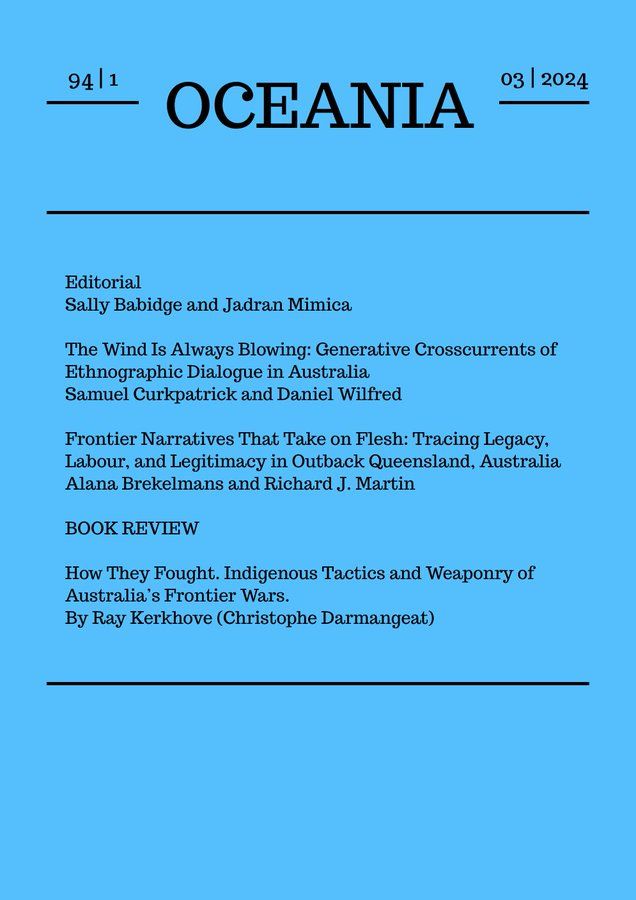 ✨ NEW! #OpenAccess articles in the latest issue of @OceaniaJournal include an #ethnography by Alana Brekelmans and Richard J. Martin that explores the notion of legacy in Outback Queensland through pastoral work and storytelling. More here ⤵️ buff.ly/43Uy7yO