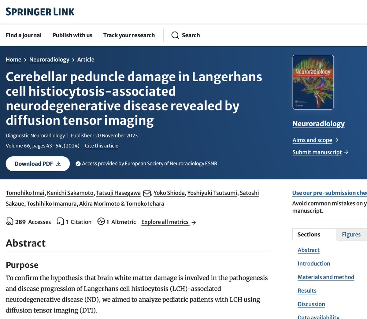 Cerebellar peduncle damage in Langerhans cell histiocytosis-associated neurodegenerative disease revealed by diffusion tensor imaging, by T Imai et al on January #Neuroradiology Issue #Neurorad link.springer.com/article/10.100…