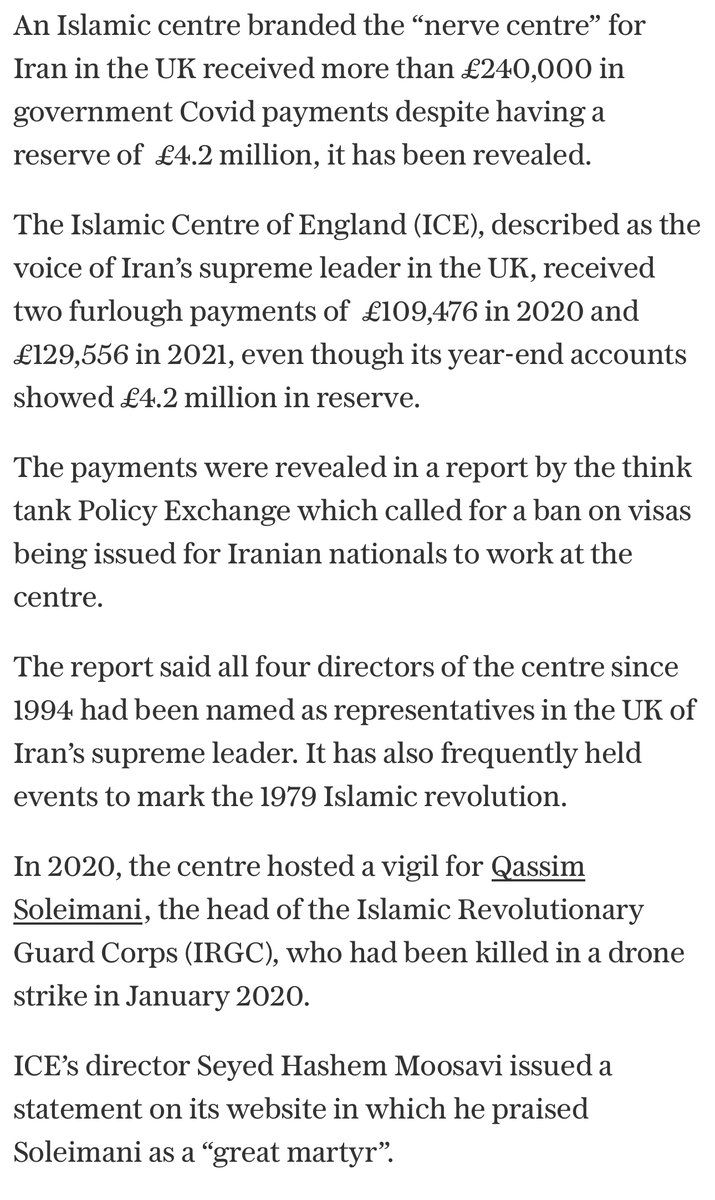 Iran’s ‘nerve centre’ in the UK received £240,000 during Covid Islamic Centre of England, the ‘voice’ of Iran’s supreme leader, received furlough payments of £109,476 and £129,556