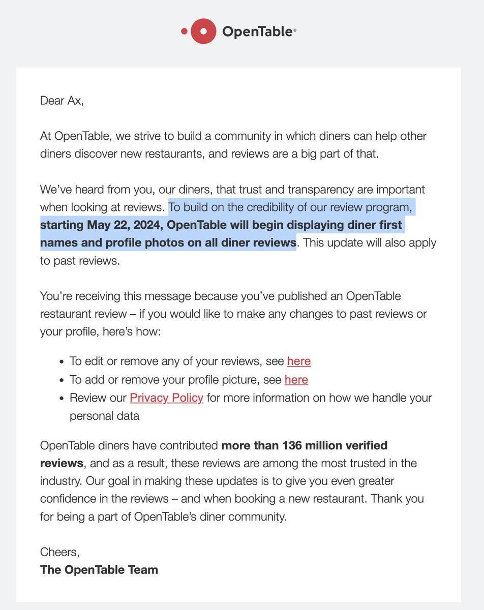 Following our reporting, OpenTable has reversed its decision to add diners' first names and profile pictures to previously-anonymous reviews. bleepingcomputer.com/news/security/… OpenTable Members told us, they were concerned that revealing their pictures and first names could lead to…