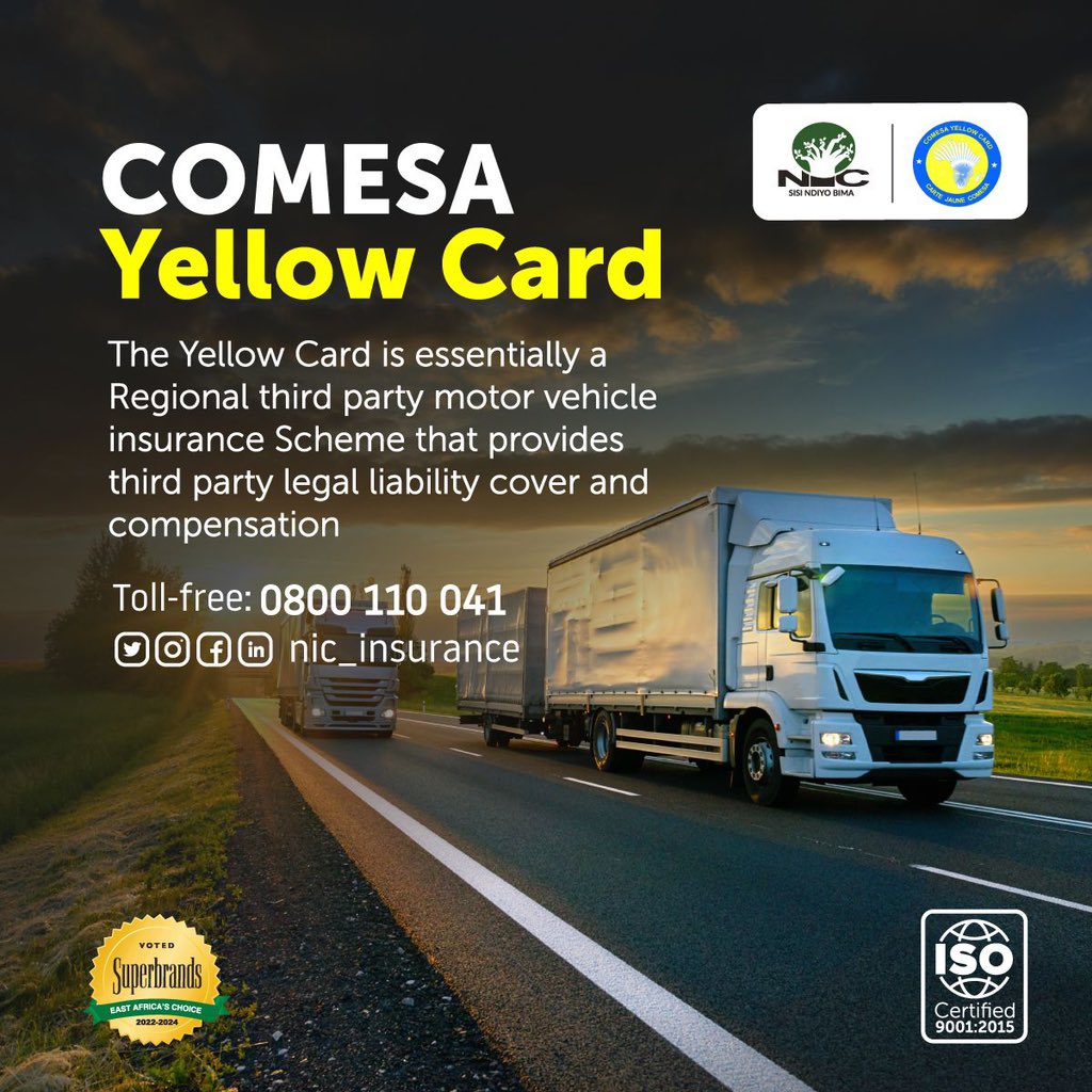 nic_tanzania's tweet photo. VUKA BODA UKIWA SALAMA NA MZIGO WAKO
Huduma za Bima ya Yellow Card scheme (COMESA) inayokupa ulinzi wakati upo nje ya mipaka ya Tanzania.
Piga simu bure: 080 0110 041
#nicinsurance #sisindiyobima #comesayellowcard https://t.co/pbRcy9TNPI