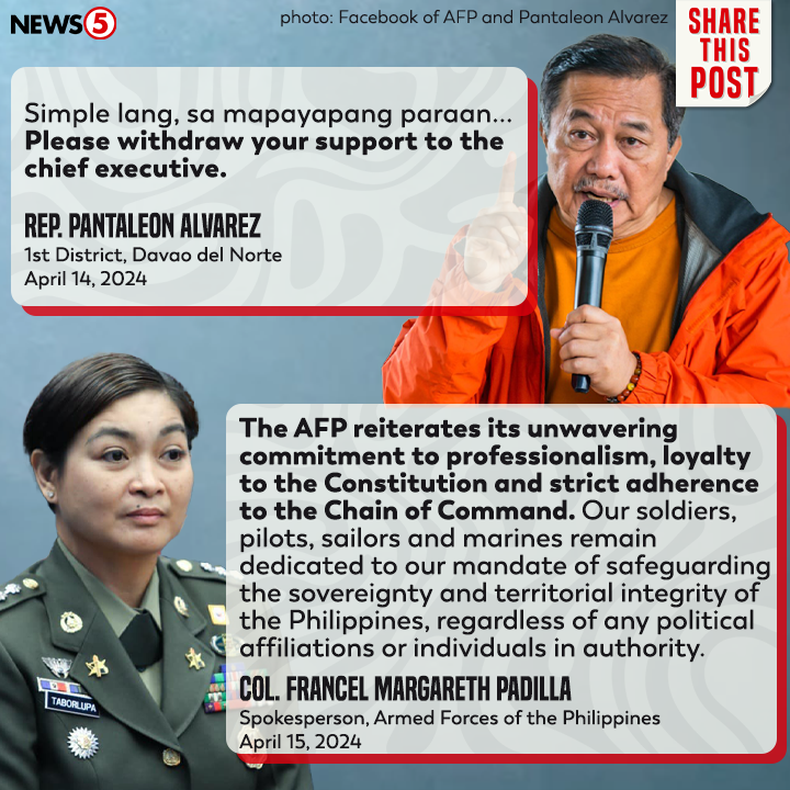 Sinagot ng Armed Forces of the Philippines #AFP ang apila ni 1st district Davao del Norte Rep. Bebot Alvarez sa AFP na mag-withdraw ng suporta kay Pres. #BongbongMarcos. #News5 RELATED POST: bit.ly/3UgRxe3