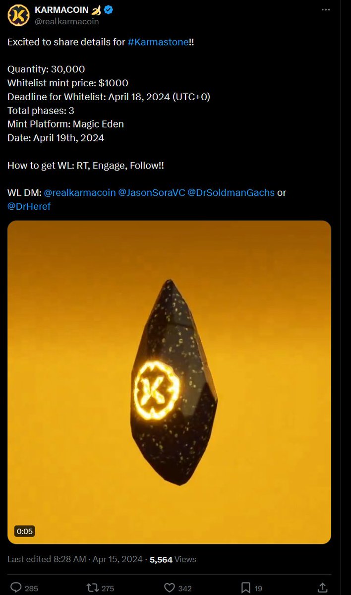 Community alert 🚨

Get ready for the biggest Cash grab of #Ordinals history 

@realkarmacoin is doing their new 'Karmastone' mint in 4 days with a mint price of 1,000$ 

Not only that but you also have to grind and beg for a WL :D

1,000 $ X 30,000 = 30,000,000$

BEST OF LUCK TO