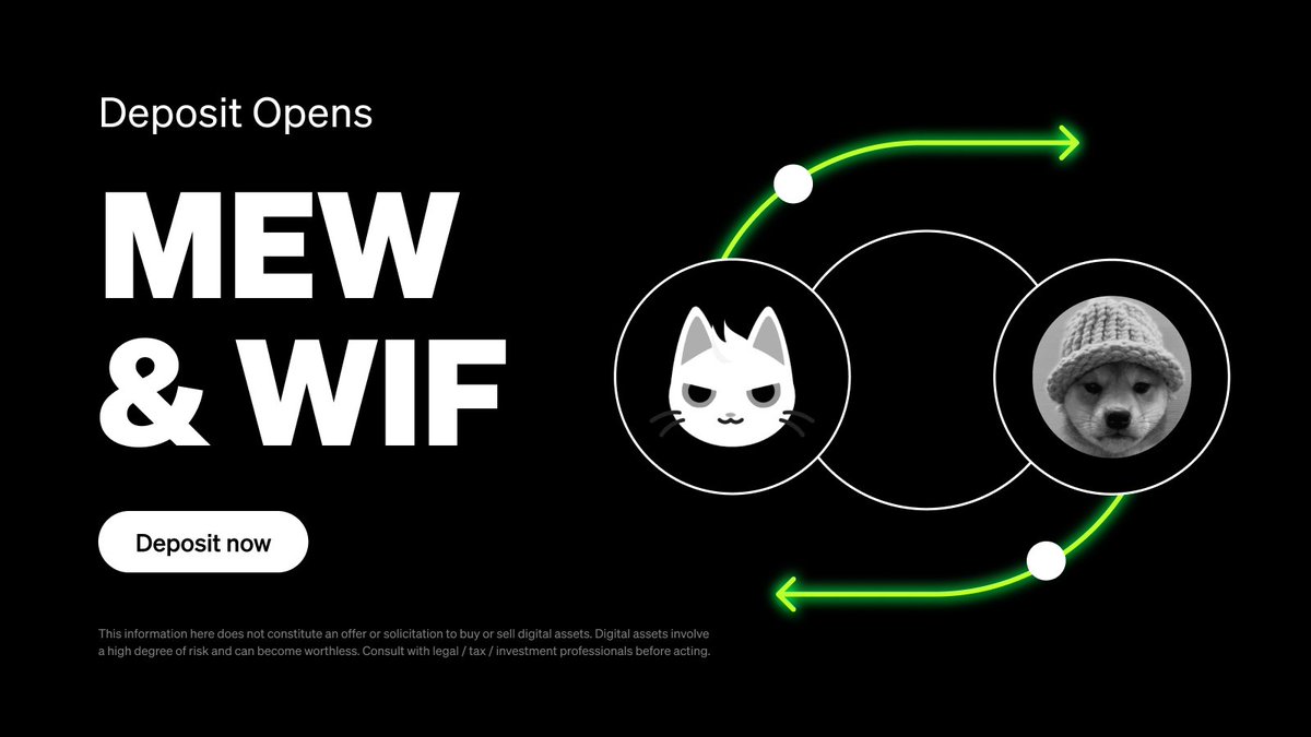 New Spot Listing 📢 

$MEW <a href="/Mewsworld/">Mew</a> and $WIF <a href="/dogwifcoin/">dogwifcoin</a> will be listed on #OKX!

▶ Deposits: OPEN 🟢
📈 $MEW Spot trading: 8:00 am Apr 15 (UTC)
📈 $WIF Spot trading: 9:00 am Apr 15 (UTC)

More: bit.ly/4aVuB9K