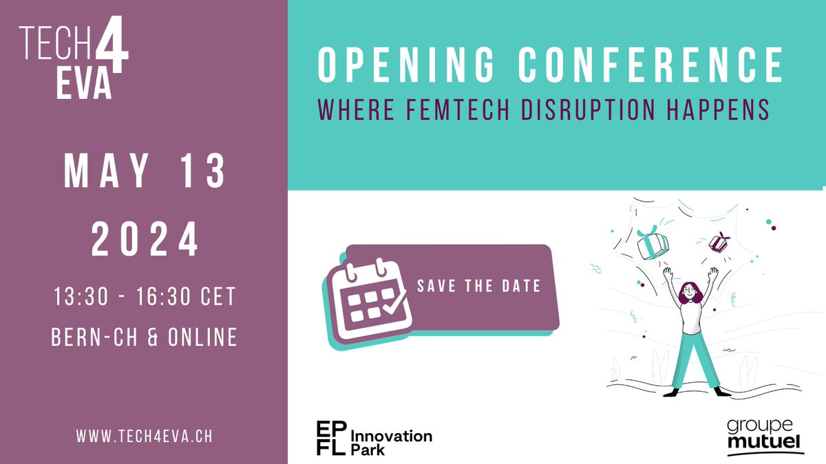 startups_CH's tweet image. 📣 Mark your calendars: EPFL Innovation Park and Groupe Mutuel invite you to join their 2024 #Tech4Eva Opening Ceremony on May 13th in Bern or online. Learn more: bit.ly/4aIoW71 #Swisstech