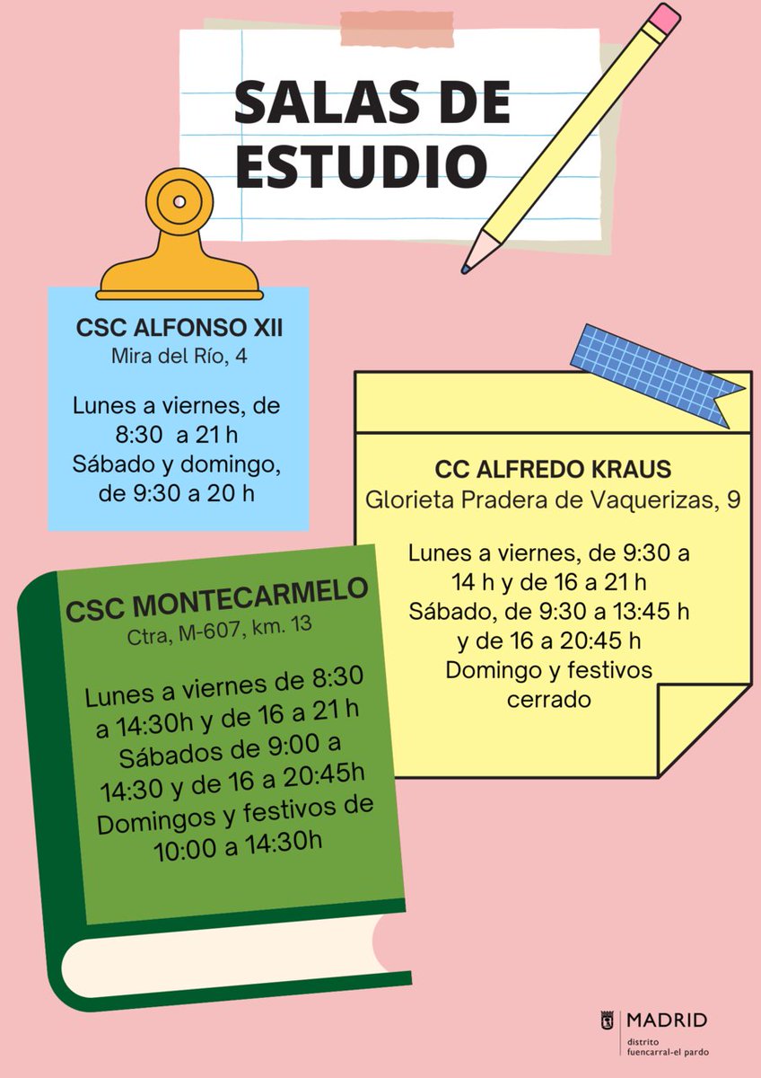 📚 Si estás de exámenes, tienes que preparar algún trabajo escolar o buscas un espacio para la lectura tranquila, recuerda que los centros culturales Alfonso XII, Alfredo Kraus y Montecarmelo cuentan con salas de estudio con amplios horarios de apertura  👇