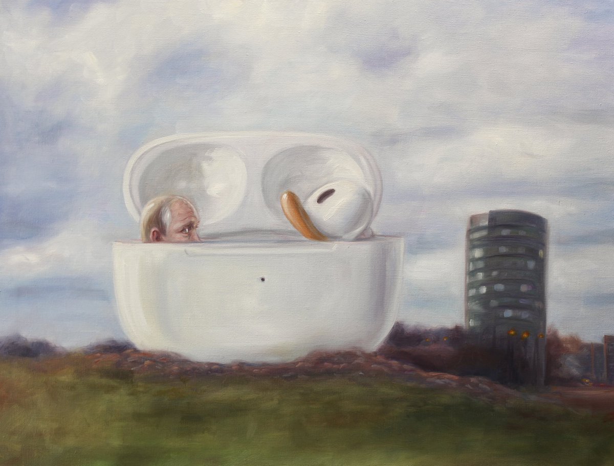 KajStenvall's tweet photo. ” Putinears ”, ” Putankka ”, 2024, oil on canvas, 70 x 90 cm. #posankka #turku #ukraina #ukraine #slavaukraini #stopputin #warcriminal #art #oilpainting #popart #contemporaryart #kajstenvall #apple #airpods https://t.co/DvZDxNsvHA