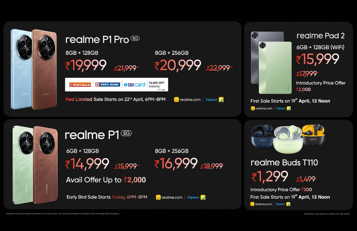 #realmeP15G 
#realmeP1Pro5G 
#realmePseries5G #realmeBudsT110 #realmePad2 launched today in India.