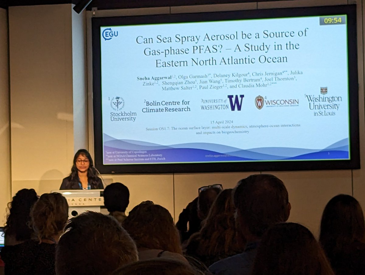 Great start of #EGU24 with @Sneha_agg giving an excellent talk about sea spray and PFAS results from the #AGENA campaign at the ENA site on Graciosa, Azores. @AcesSthlmUni @BolinCentre