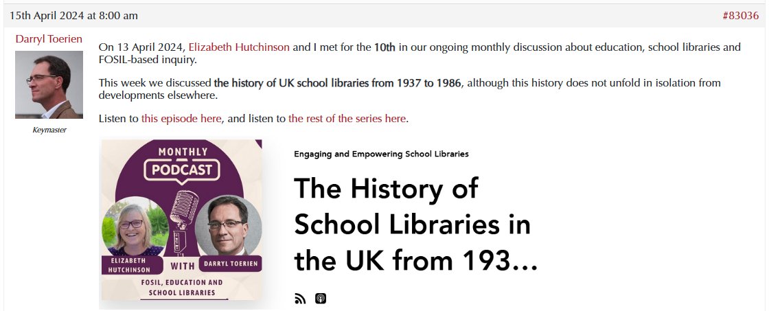 Update to *Discussing Education, School Libraries and FOSIL* with <a href="/Elizabethutch/">Elizabeth Hutchinson</a>: *The History of School Libraries in the UK from 1937 to 1986 (Part 1)* &lt;tinyurl.com/26xbn3r3&gt;.