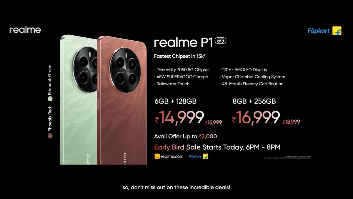 Realme P1 RMX3870 launched in India. Price 💰 6GB+128GB 💰 ₹15,999 8GB+256GB 💰 ₹18,999 Specifications 📱 6.67' FHD+ OLED display 120Hz refresh rate, 1200nits peak 🔳 MediaTek Dimensity 7050 Arm Mali G68 GPU LPDDR4x RAM and UFS 3.1 storage 🍭 Android 14 (2 Major Android