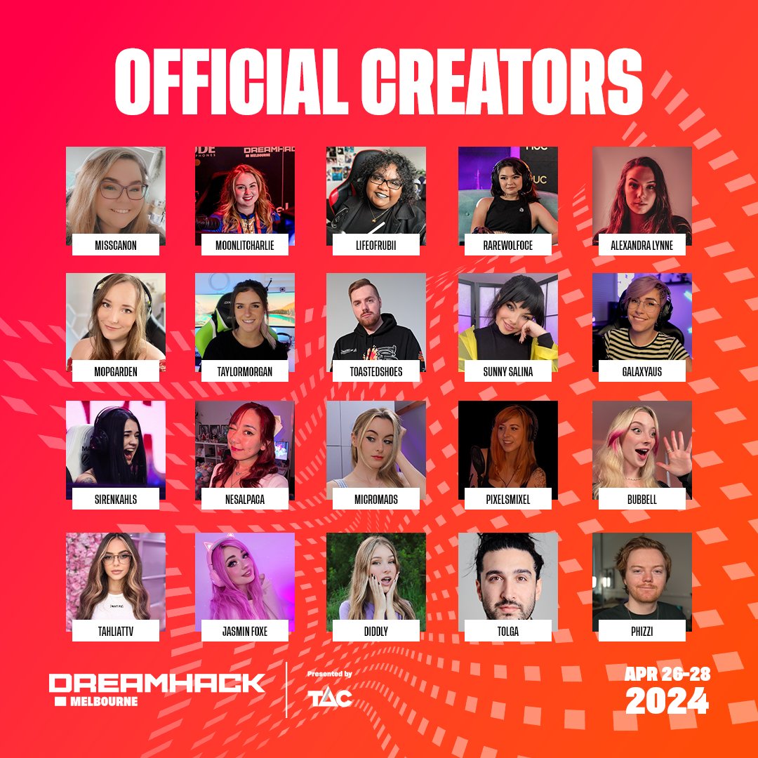 DreamHackAU's tweet photo. @xXMissCanonXx @MoonlitCharlie @lifeofrubii @RareWolfOCE @allylynnetwitch @MopGarden @TaylorMorganS_ @ToastedShoes @sunny_salina @galaxyAUS @sirenkahls @nessalpaca @micromads @pixelsmixel @itsBubbell @tahliattv @JazzyFoxe @DiddlyDonger @TolgaTTV @ItsMePHIZ https://t.co/yMSLNgZE7M