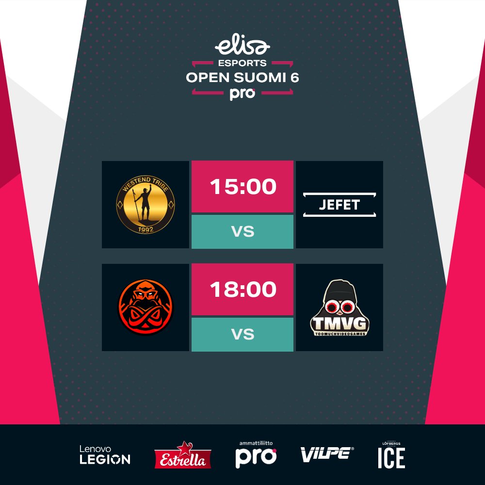 ElisaEsportsFI's tweet photo. UUUUUHHH 😍😍 Voittajien sunnuntai Elisa Pro Openissa.

⏰ 15:00
⚔️ @HeimoEsports vs #Jefet

⏰ 18:00
⚔️ @ENCE Academy vs @2MUCHVIDEOGAMES

📺 https://t.co/RW073Cj0Dt

#ElisaProOpen #esportsfi https://t.co/KpVL59XEJV