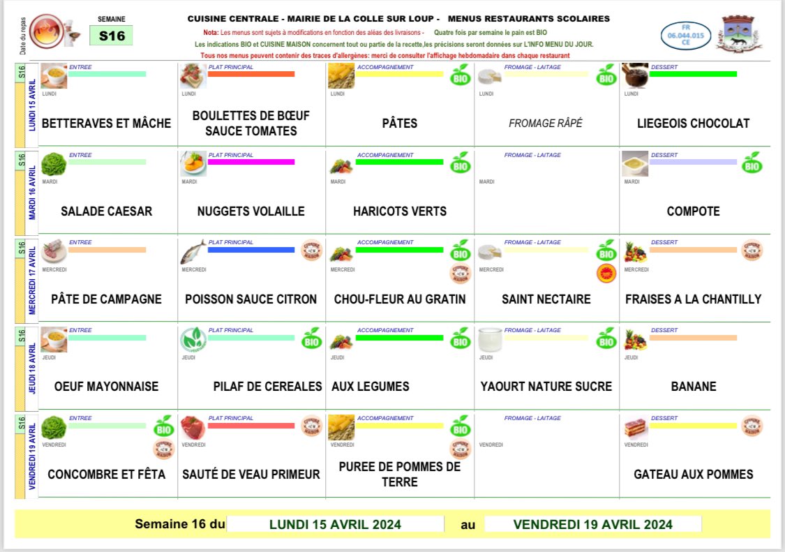 🥘 #Infos #Ecoles #LCSL Les menus de la cuisine centrale dans les restaurants scolaires pour la semaine du lundi 15 au vendredi 19 avril 2024 à #LaColleSurLoup Fruits prévus, fraises🍓, bananes🍌