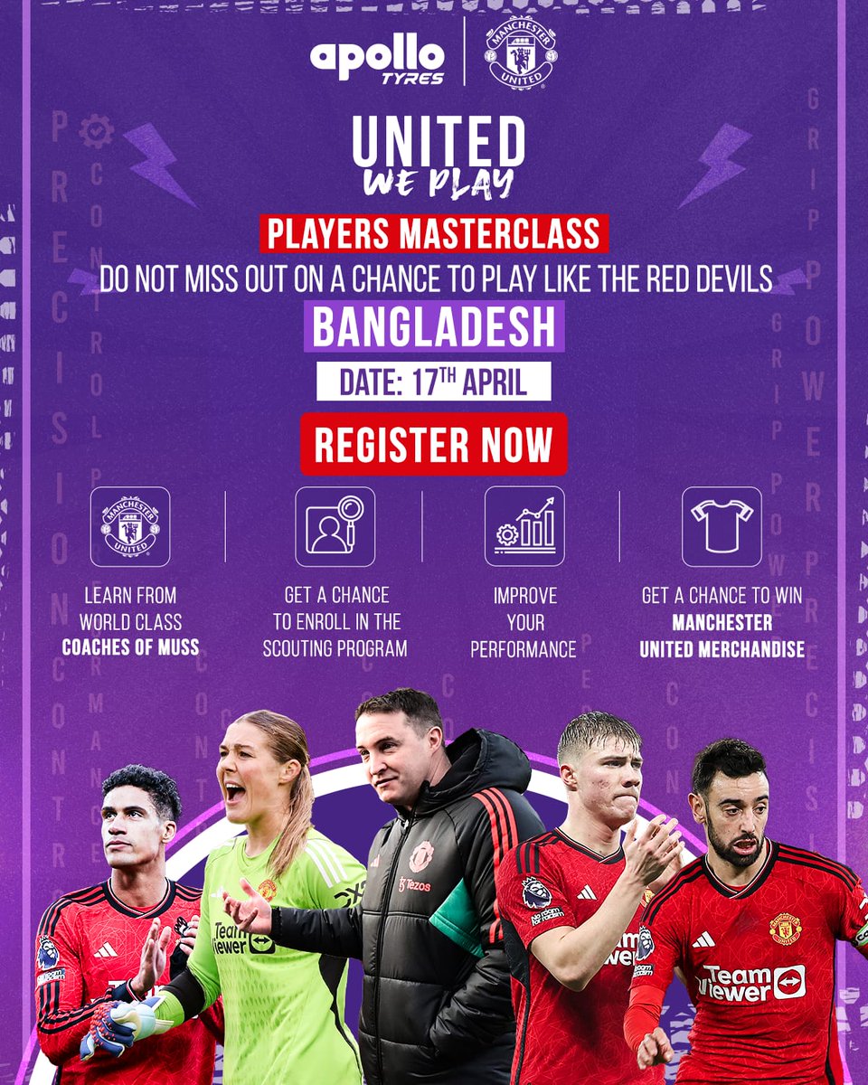 Bangladesh join @apollotyres at #UnitedWePlay and grab the opportunity to be scouted by the coaches of @ManUtd! ⚽️ Register now with this link 👉forms.gle/mthfgBTxLsuA3d… #ApolloTyres #ManchesterUnited #GoTheDistance