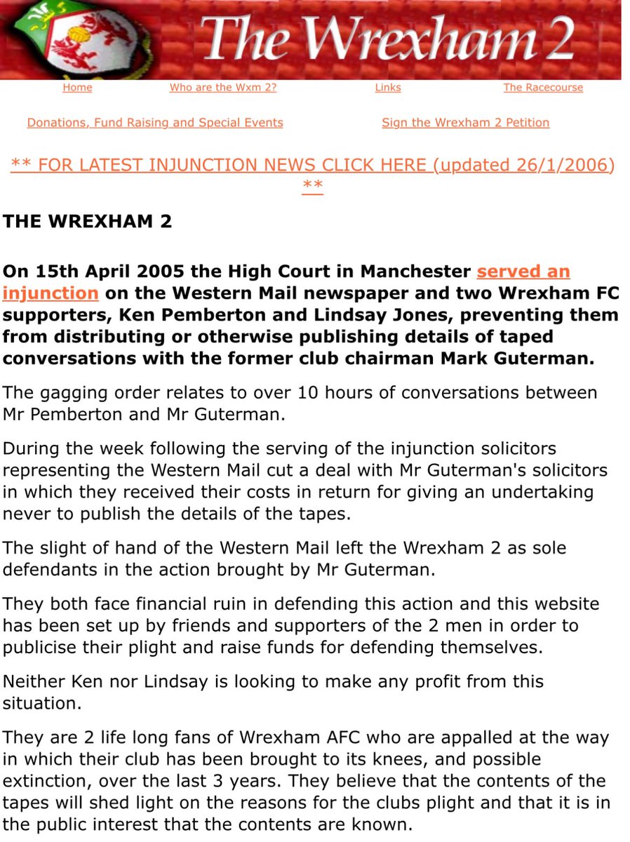 #OTD in 2005 “The Wrexham 2” went to the High Court after being served with an injunction by the then dodgy club owners. They risked, and nearly lost everything. Without them (and others) there’d be no club today. Not all heroes wear capes. Never forget wrexham2.atspace.com/index.html