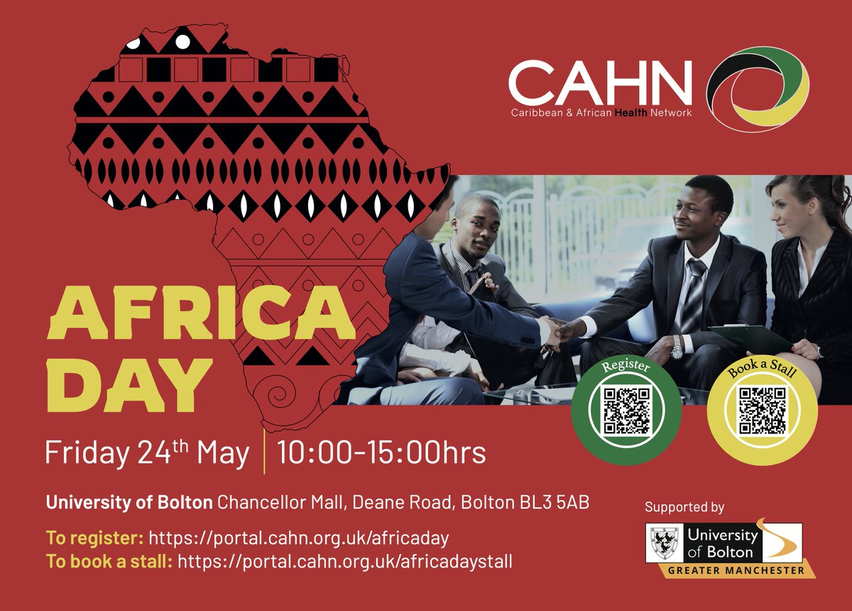 cahn_uk's tweet photo. At #CAHN we are all about ending health inequalities for Black people while celebrating our culture year-round! Join us for Africa Day on 24th May at the @BoltonUni. This year, we're spotlighting African businesses.
Register here: https://t.co/mHe3UXrE6r. 

#AD2024 https://t.co/7zGFBRdInn