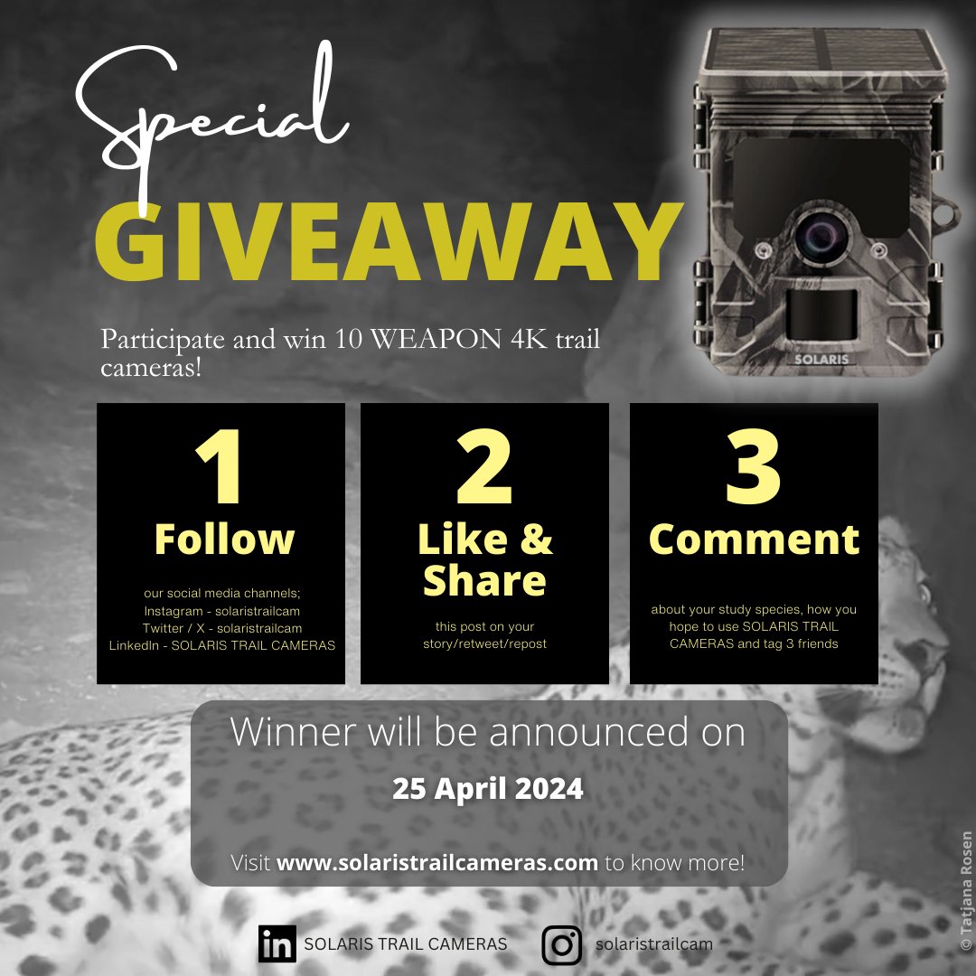 📸SOLARIS GIVEAWAY📸

For our first anniversary, we are giving away ✨10 units✨ of the WEAPON 4K to one lucky winner!

Follow the 3 steps to participate in our #giveaway and you could be that lucky person!

#SOLARISTRAILCAMERAS #trailcamera #wildlife #science #technology