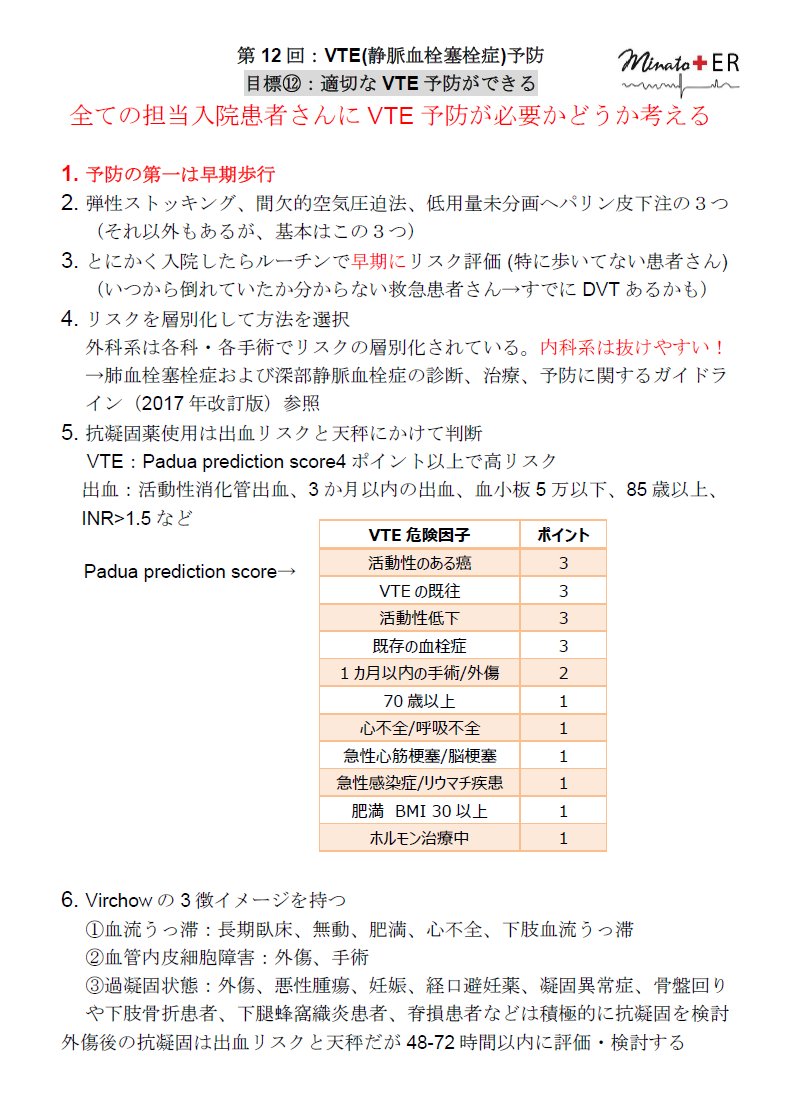 病棟管理で大事だけどあんまり習わないことを集めた初期研修医1年目へのミニミニ講義第12回：VTE予防。パスに入っていない外科以外の領域で抜けやすいのでルーチンで考えるようにしましょう。