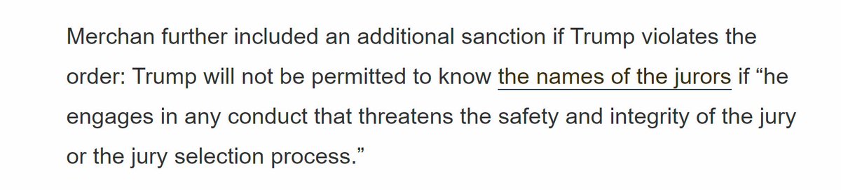 ⚖️ #TrumpCriminalTrial Judge Juan Merchan was clear: If Donald acts out & the little baby violates his gag, he & his lawyers will Not get prospective jury names and information for voir dire. #FalsifiedDocuments #ElectionInterference #HushMoney #TrumpTrial lawandcrime.com/analysis/trump…