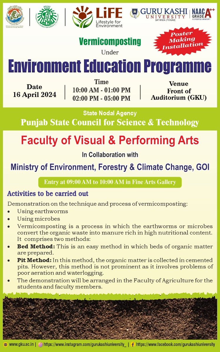 Join us April 16 for an Environment Education Programme. Let's shape a greener tomorrow!   @moefcc@susangeorgek@PunjabGovtIndia@PSCST_GoP@CMOPb@JKAroraEDPSCST@KSBathPSCST#Proplanetpeople#EnvironmentEducationprogram#MissionLiFE#ChooseLiFE#LifestyleforEnvironment