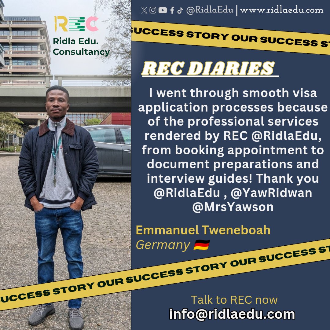 RidlaEdu's tweet photo. 🌟 Exciting News! Another success story from REC! Good luck @tEmma_nuel
🎓 Secure your spot for studying abroad this fall semester! Contact us now while applications are still open. Don't miss out on your chance to live your dream! #StudyAbroad #FallSemester #getprofessionalhelp https://t.co/v8X4QeL4pr
