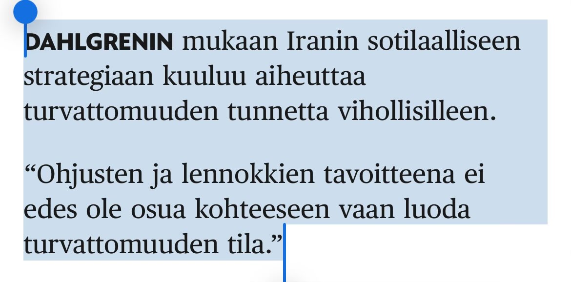 Huoli suomalaisesta mediasta on kova. Lähi-itään liittyen haastatellaan jatkuvasti samoja tutkijoita, joiden näkemykset eivät kestä edes pinnallista tarkastelua. Nyt Susanne Dahlgrenin (@DahlgrenS) mukaan ”Ohjusten ja lennokkien tavoitteena ei edes ole osua kohteeseen vaan luoda…