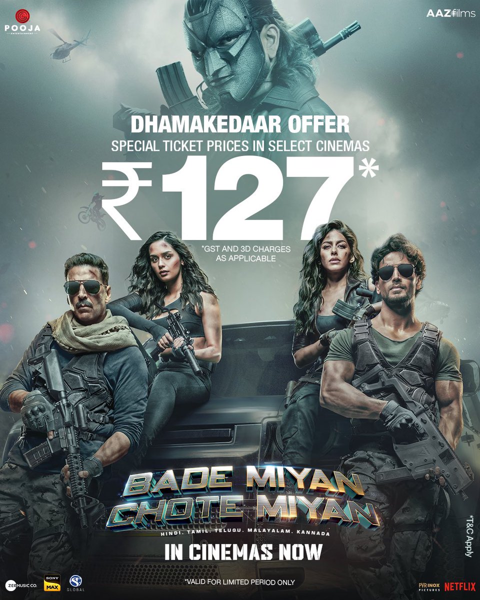 Here’s a Dhamakedaar reason to experience real action & humor filled camaraderie of #BadeMiyanChoteMiyan on BIG Screen with this special offer! 🔥 Book your tickets and go watch now: linktr.ee/BadeMiyanChote… #BadeMiyanChoteMiyanInCinemasNow @akshaykumar @iTIGERSHROFF…