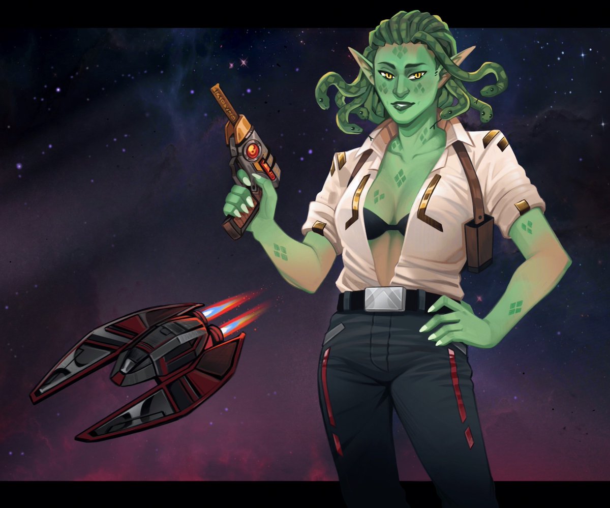 Captain Thalia Whisperwind and her starship the Twinstar Longbow from #highrollersdnd Aerois!!