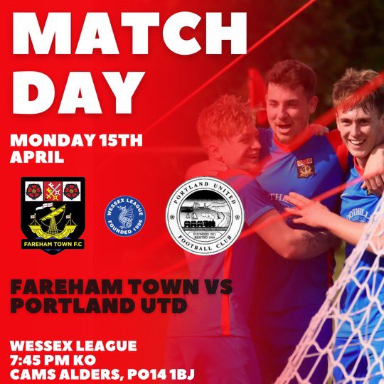 🗓️ Monday 15th April 2024 ⏰ 1945 🤝 @WessexLeague 🆚 @PortlandUnited 🎟️ Adults £7, Concessions £4, Season Tickets £free 🏟️ Cams Alders Stadium 📍 PO14 1BJ