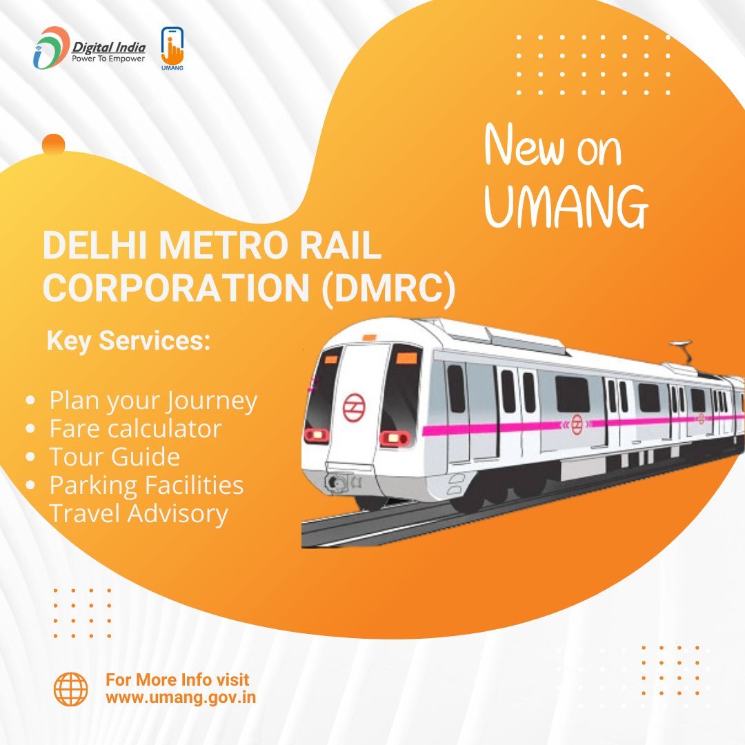 Plan your journey using the Delhi Metro service on the UMANG app. Calculate the fare, find the distance to the nearest metro stations, check parking facilities at nearby metro stations, and access many more travel details on the UMANG app. #digitalindia #metro #Delhi #delhites