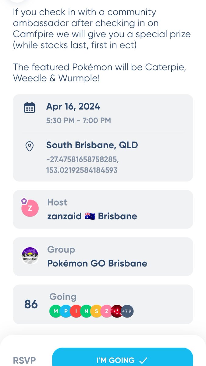 To #PokemonGO Trainers in Brisbane, Australia, I will be joining 'Pokémon GO Brisbane' group for The Worms SLH, hosted by zanzaid, tmr (16Apr) 🪱🐛 If u would like to join us, please meet at South Bank Parklands at the Community Ambassador Program Pokestop at 5.30pm 🥳 Cya tmr~~