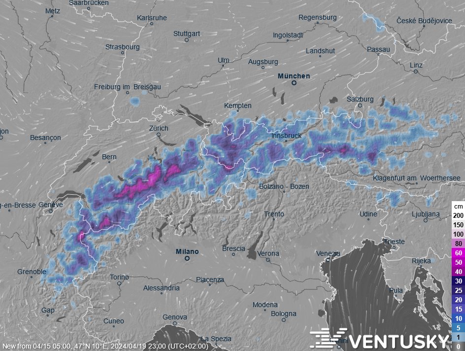 Fresh snow will cover the Alps in the coming days. ❄️☃️ At altitudes above 1500 m, 20 to 50 cm may accumulate in the next 5 days. It will also snow at lower altitudes, but the snow will melt there. See the new snow cover map: ventusky.com/?p=47.01;10.98…