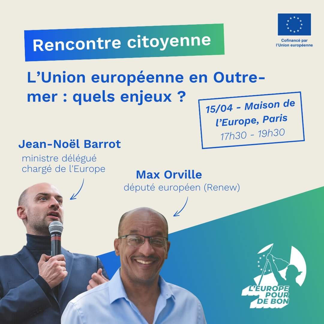 C'est ce soir à #Paris pour discuter de ce que fait l'Union européenne pour nos territoires d'outre-mer avec @jnbarrot et @max_orville. 🌍 Rejoignez nous ! 🥳🇪🇺 #outremer #Europe