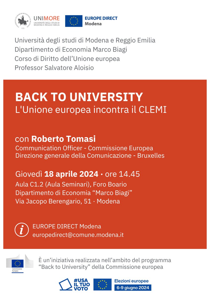 #BacktoUniversity Roberto Tomasi, ora funzionario della Commissione europea, il 18 aprile torna nella sua Università, il Dipartimento di Economia Marco Biagi @UNIMORE_univ 📍 Giovedì 18 aprile | ore 14.45 Aula C1.2 (Aula Seminari), Foro Boario