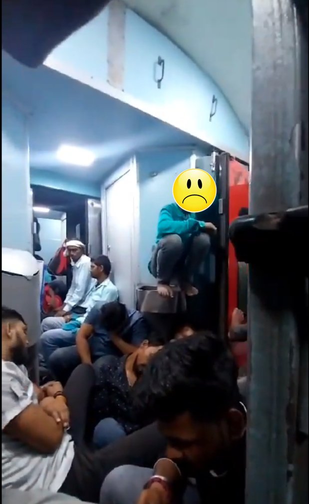 kapsology's tweet photo. The Vande Bharat propaganda is the veil that prevents you from seeing scenes like these on Indian trains.

Scene 1: A young man, likely a minor, is seen traveling while seated on the washbasin in the reserved sleeper coach of the Delhi Bhuj Express!

Scene 2: A YouTube influencer, with five empty seats around her, is making a video showcasing how Narendra Modi has transformed Indian Railways, using a multi-camera setup and drones flying in the sky!

It's a sad reality of the times we are witnessing under the BJP.