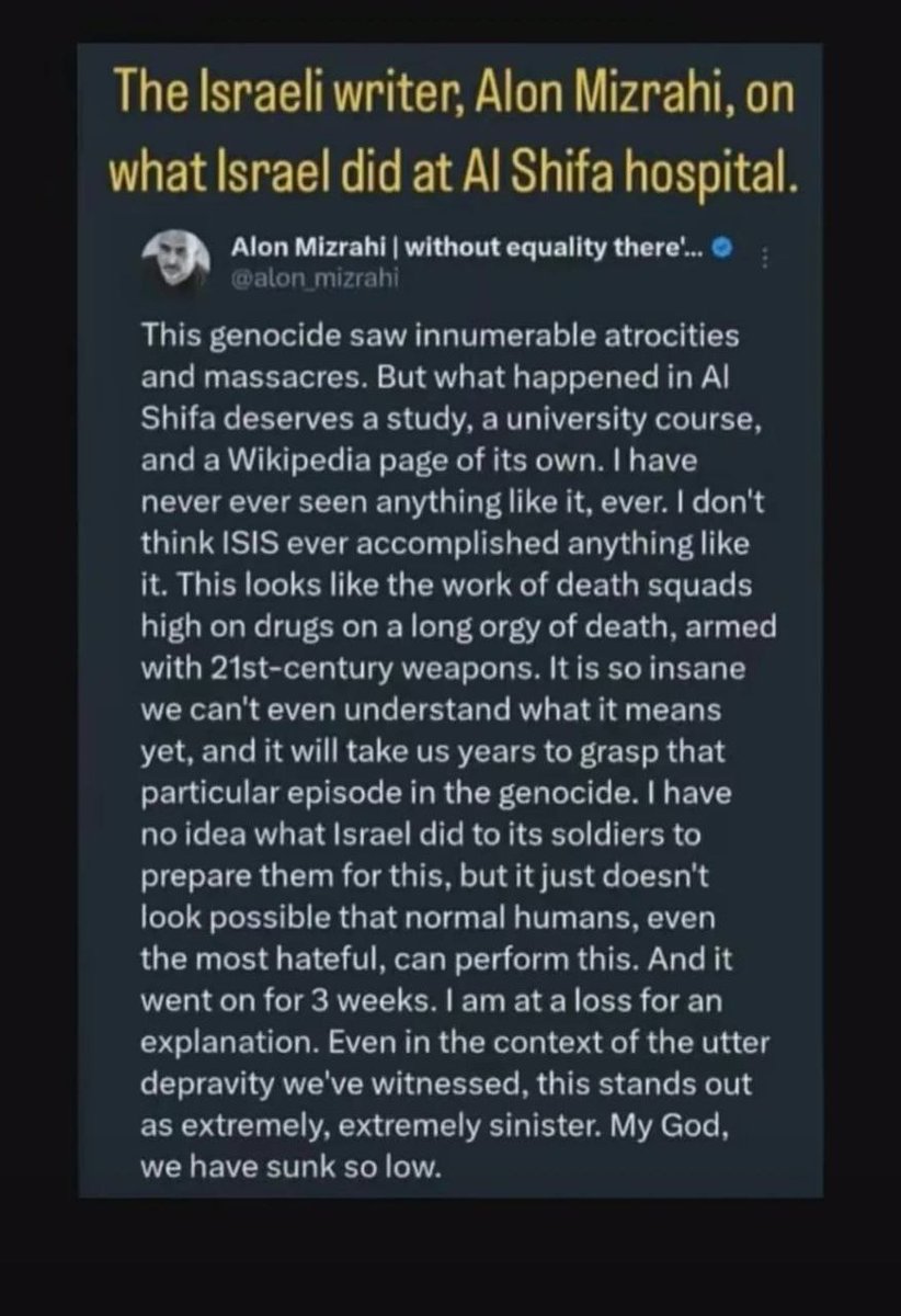 timand2037's tweet photo. Israeli writer Alon Mizrahi on the ISIS like Israeli massacres at #AlShifaHospital https://t.co/fBMx7PmWP2