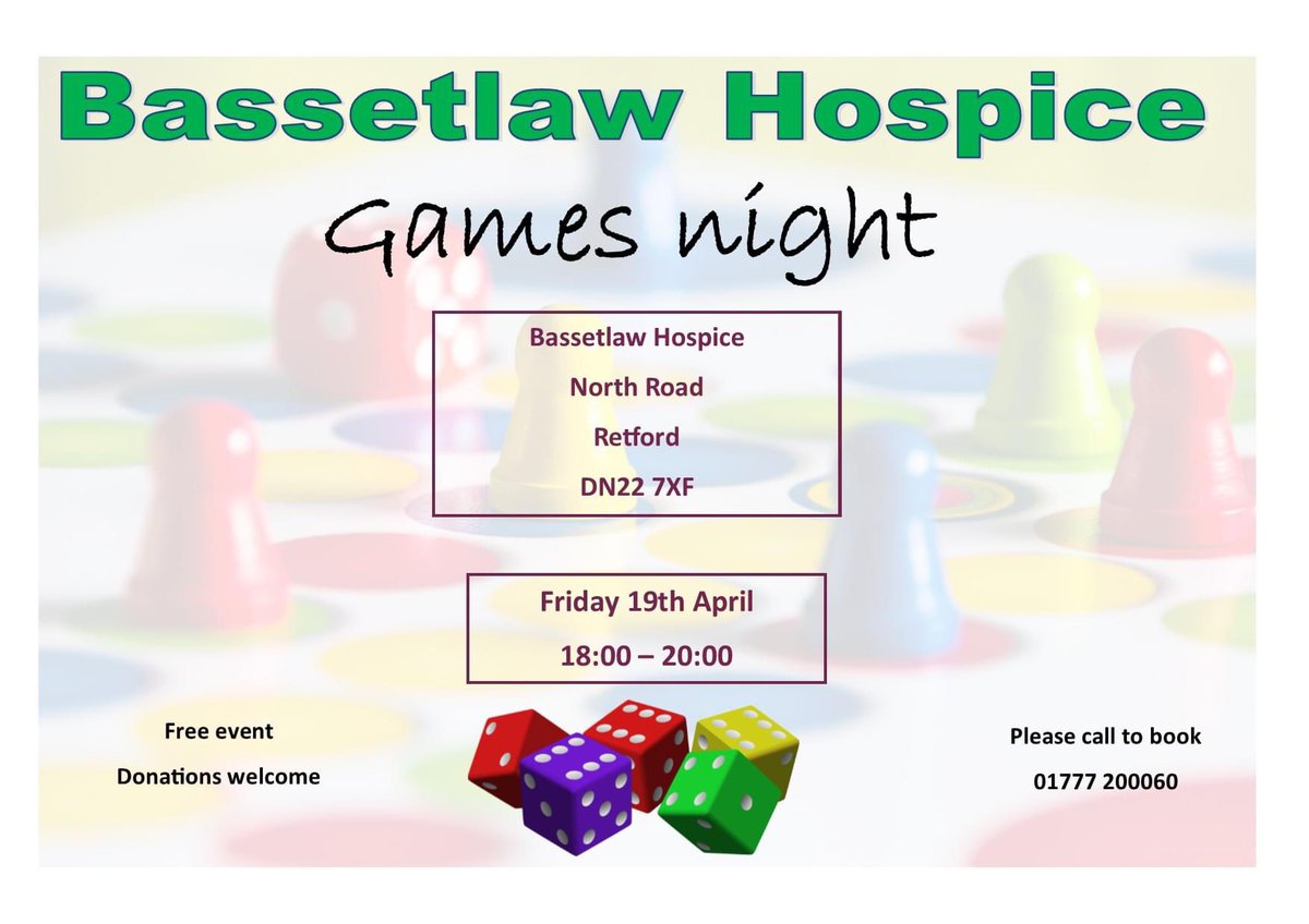 Bassetlaw Hospice (@bassetlawhospic) on Twitter photo Are you free this Friday evening?
Come & join us for a games evening, bring your friends along too.
This is a free #community event. Donations welcome.
From 6pm-8pm at the hospice
Call on 01777 200060 to book.
We look forward to seeing you there. <a href="/NottsHealthcare/">Nottinghamshire Healthcare</a> Are you free this Friday evening?
Come & join us for a games evening, bring your friends along too.
This is a free #community event. Donations welcome.
From 6pm-8pm at the hospice
Call on 01777 200060 to book.
We look forward to seeing you there. <a href="/NottsHealthcare/">Nottinghamshire Healthcare</a>