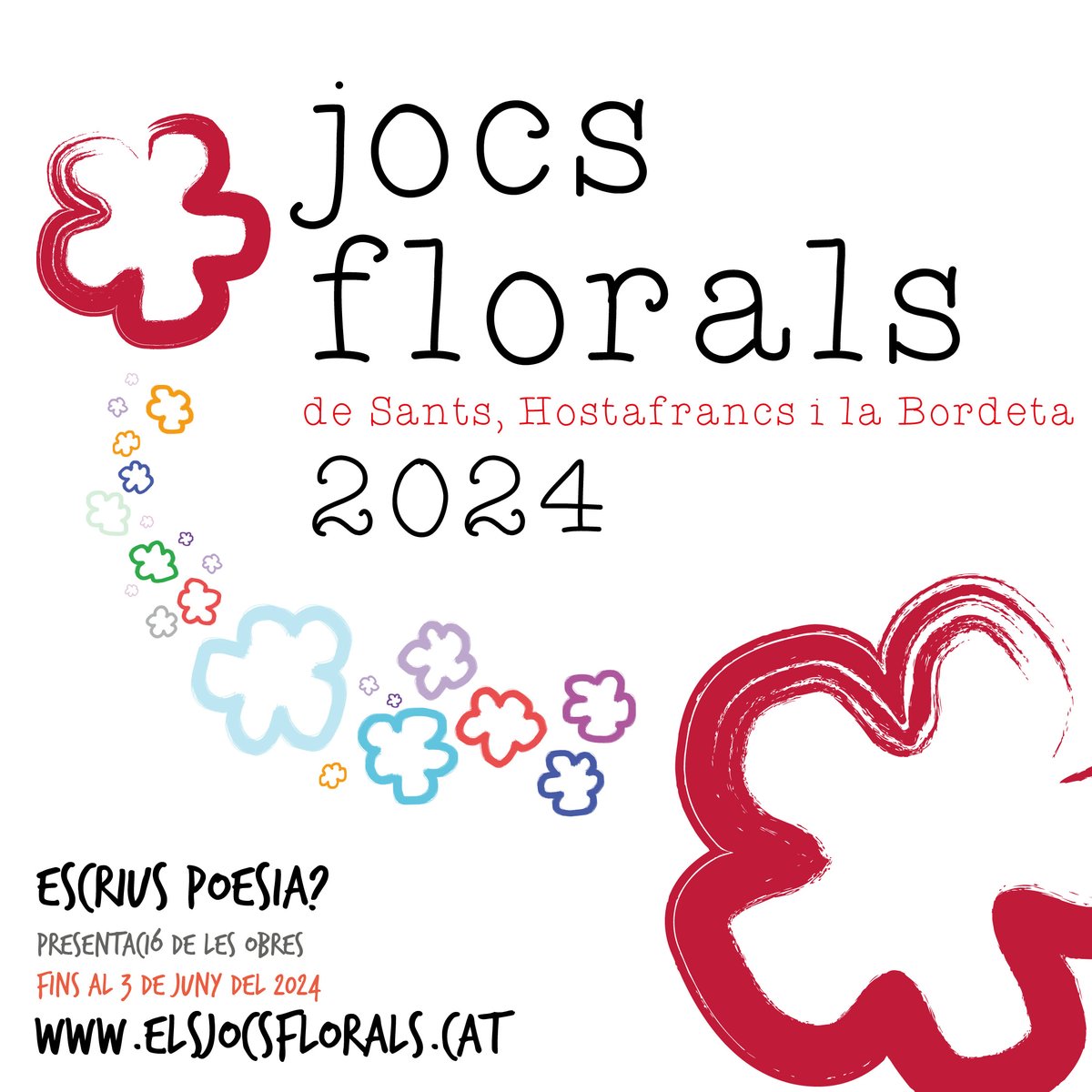 💥S'apropen dies d'alt voltatge literari... Arriba la convocatòria dels #JocsFlorals de #Sants #Hostafrancs i #laBordeta! 
🖊️3 categories: 🌺Englantina 🪻Flor Natural 🌼Viola d'Or 
💰300 € de premi per a cada categoria 
📅Termini 3 de juny 2024
Bases✅bit.ly/jjff2024