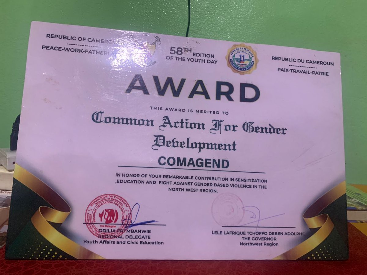 We are thrilled to share that we backed an Award during the 58th edition of National Youth Day for our impactful work in sensitization, education, & combating #GBV in the NW region. 🙏 @Minjec00237 Regional Delegation @GlobalFundWomen @gnwp_gnwp #EndGBV #EmpowerMeDontBlameMe