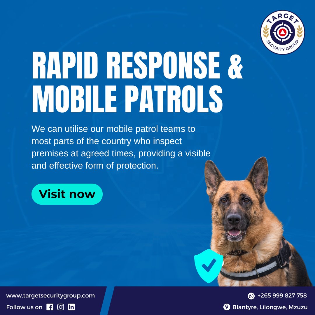 Experience peace of mind with our rapid response and mobile patrols! 🚨

#SecurityPatrols #RapidResponse #MobileSecurity 
.
Visit - targetsecuritygroup.com
Dm us on WhatsApp: +265 999 827 758