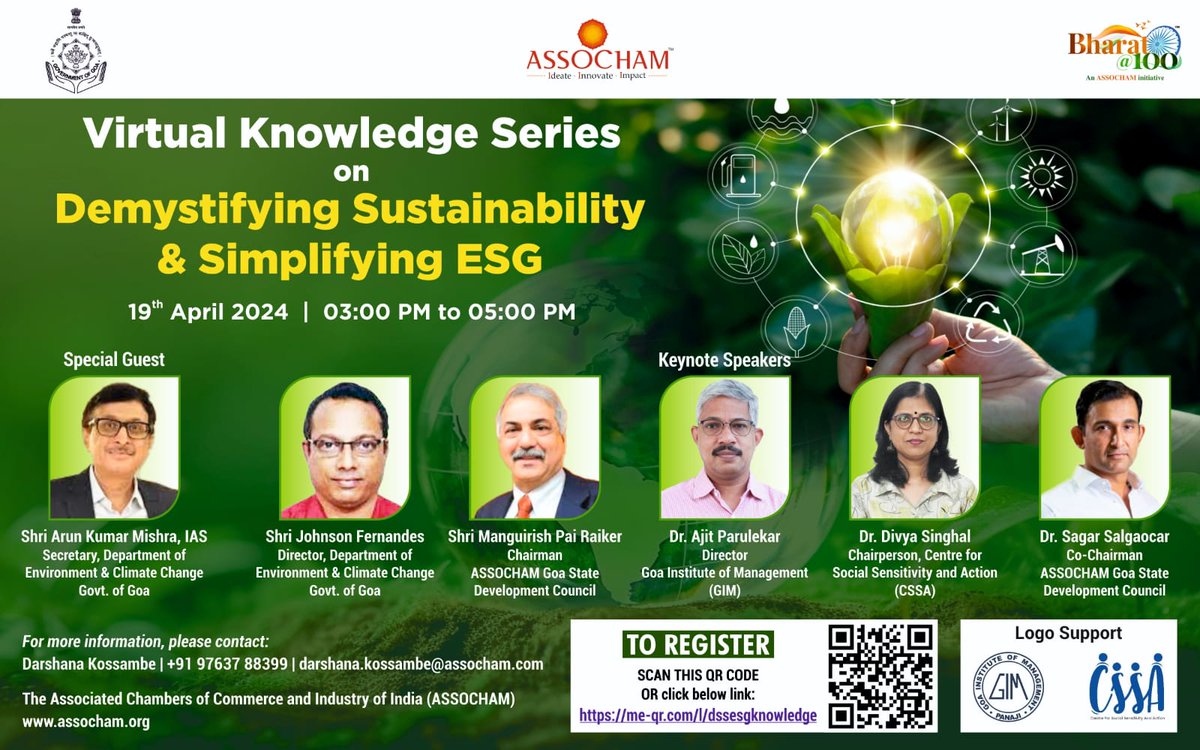 Join #ASSOCHAM Goa State Development Council’s virtual knowledge series on ‘Demystifying Sustainability & Simplifying ESG’! Gain insights, empower stakeholders, and exchange sustainable ideas. To accomplish the vision of #ViksitBharat by 2047, the need of the hour is to address…