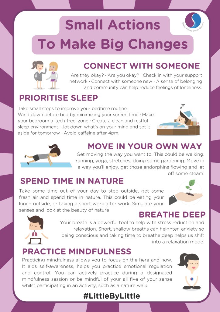 April is #StressAwarenessMonth a topic which effects the majority of us. The theme #LittleByLittle highlights the huge impact of small, consistent positive actions on wellbeing. This poster from @StressMgtSoc gives some great starters - what could you do? #DorsetInnovationHub