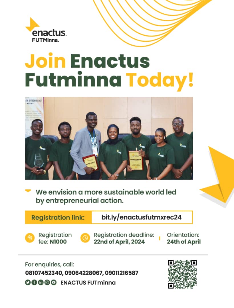enactusfutmx's tweet photo. Did you miss out on the previous registration?
Here's your chance to be a part of Enactus FUTMinna, join us in making sustainable impact.
Mark your calenders, New Deadline is April 22nd, 2024

*Apply Via :*
https://t.co/itBm4X8dlA

Don't miss it!!!!!! https://t.co/aYBjEA9jv0