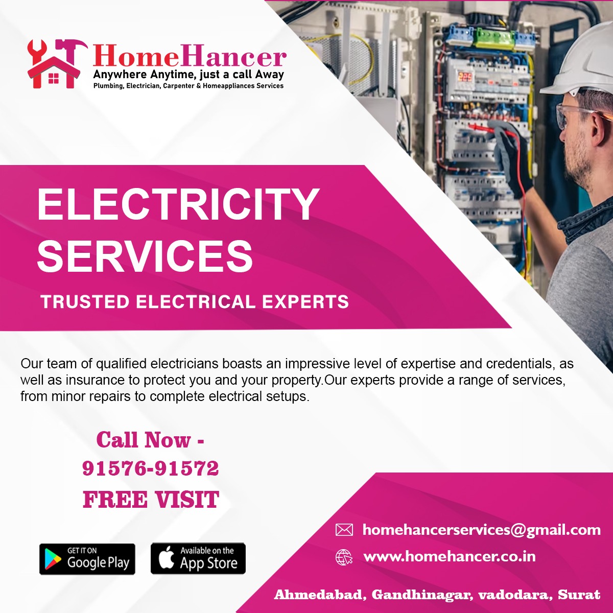 Our dedicated team of electricians is here to power up your space with precision and care. Don't let flickering lights or faulty wiring dim your day – trust Home Hancer for prompt, professional service! #HomeHancer #ElectricalExperts'