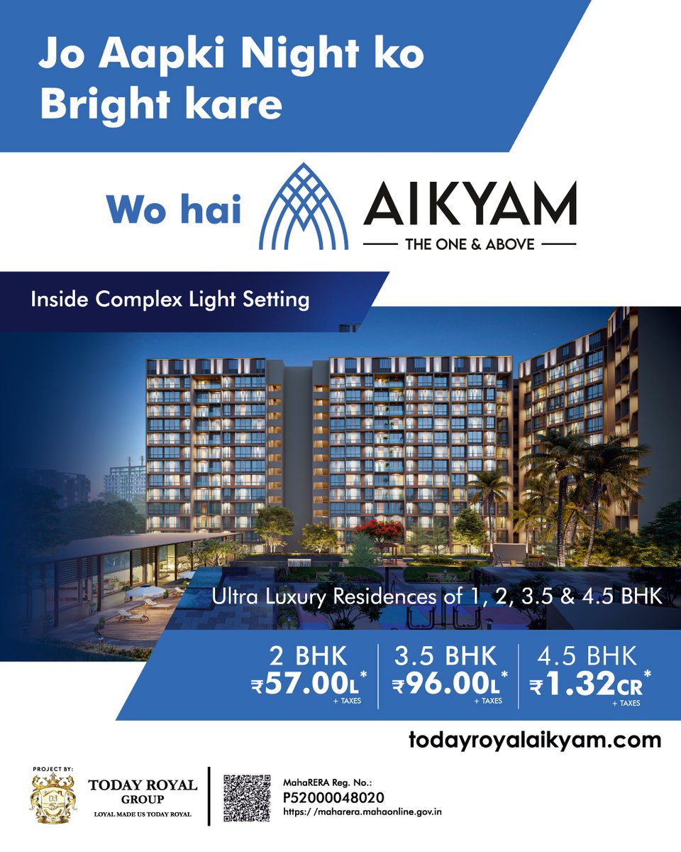 Experience ultra-luxury residences that brighten up your nights at Aikyam!

✨ Elevate your lifestyle with elegance and comfort. Secure your spot in today!🌃

#TodayRoyalGroup #Aikyam #AikyamSupremo #UpperKharghar #SansaniAikyam #KhargharSupremo  #sansaniinrealestate #kharghar