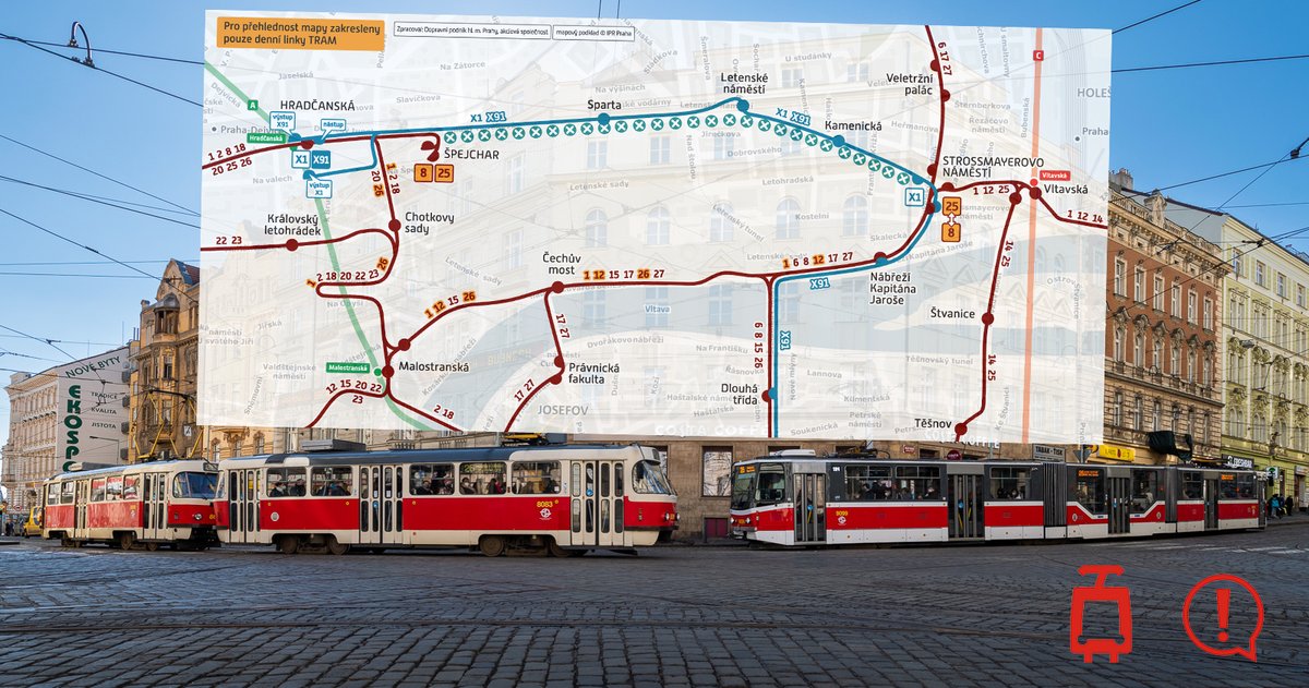 🚧 OPRAVA V ULICI MILADY HORÁKOVÉ | Od této středy 17. dubna 2024 budeme opravovat tramvajovou trať v úseku Hradčanská – Strossmayerovo náměstí. Do neděle 28. dubna 2024 proto ulicí Milady Horákové nepojedou tramvaje. Opatření se dotkne linek 🚋 1, 8, 12, 25, 26, 91 a 96,