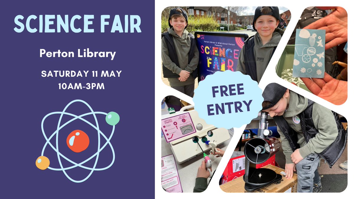 Join us at #PertonLibrary on Sat 11 May 10-3 for a family Science Fair Lots to see & do @MedicMavericks @philjemmett @hyetteducation @StaffsWildlife @wolvasuk @GigafastStaffs @StaffsPolice @ArchandHeritage #WasteSavvyStaffs & more @ResidentsPerton @PertonResidents #GreenLibraries