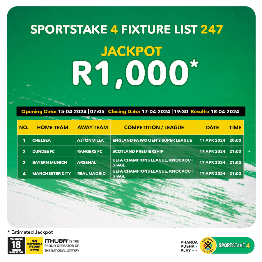 Here are the #SPORTSTAKE4 #FixtureResults, #Dividends for list 246 & #Fixturelist 247 with an estimated Jackpot of R1,000.
#BeInjaYeGame. Winnings under R50,000 are deposited straight in to your account.